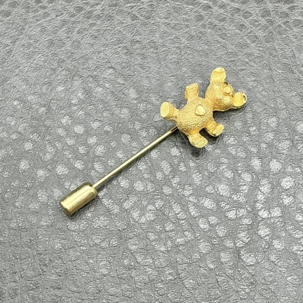 Vintage Teddy Bear Stick Pin Gold Tone Textured Hat Lapel Pin 1.75" Womens